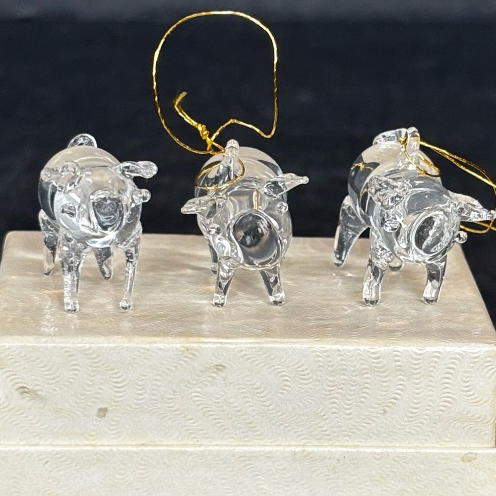 3 Hand-Blown Miniature Glass Pig Ornament/ Clear Figurine .75” X 1.25”
